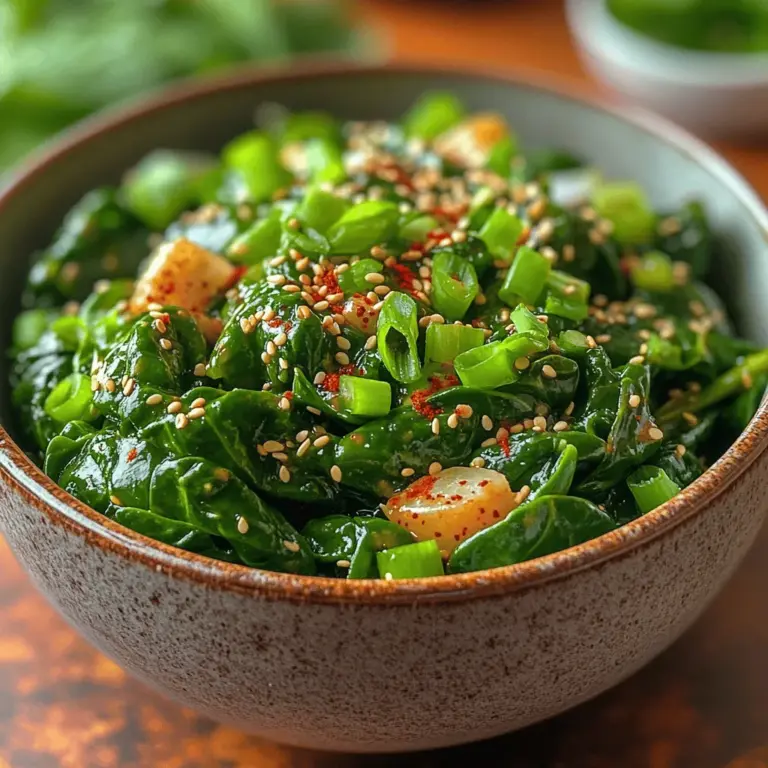 Das Sizzling Spicy Korean Spinach Side Dish, auch bekannt als "Sigeumchi Namul," ist ein schmackhaftes und gesundes Gericht, das in der koreanischen Küche sehr beliebt ist. Es handelt sich um eine einfache Beilage, die nicht nur köstlich, sondern auch nahrhaft ist. Spinatsalate sind in der koreanischen Kultur weit verbreitet und werden oft als Beilage zu Reisgerichten oder Hauptgerichten serviert. Die Kombination aus frischem Spinat, würziger Sauce und geröstetem Sesam verleiht diesem Gericht eine besondere Note, die sowohl die Geschmacksknospen anregt als auch die Gesundheit fördert.