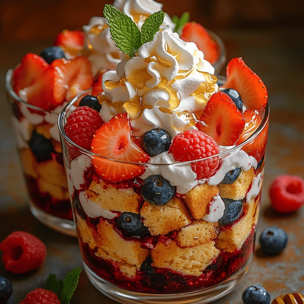 Die Tradition des Shortcakes reicht bis ins 16. Jahrhundert zurück, als sie in England populär wurden. Ursprünglich als einfacher, süßer Kuchen serviert, hat sich das Rezept im Laufe der Jahre weiterentwickelt. Die Verwendung von frischen Früchten und Sahne ist eine amerikanische Variante, die besonders im Sommer beliebt ist. Diese Trifles bringen eine moderne Note in die klassische Shortcake-Form und sind durch die Verwendung von Honig und einer Vielzahl von Beeren nicht nur geschmacklich, sondern auch visuell ansprechend. Sie sind ideal, um die süßen und saftigen Aromen der Saison zu feiern.