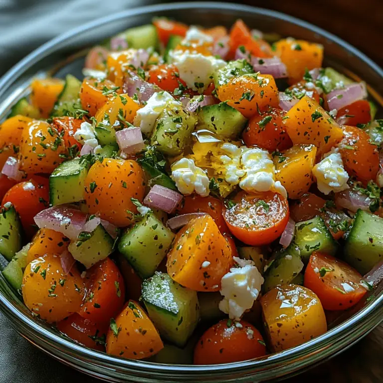 Der Frische Zitronen-Gurken-Feta-Salat ist nicht nur ein Fest für die Augen, sondern auch eine köstliche und gesunde Option für jede Mahlzeit. Mit seinen knackigen Gurken, saftigen Kirschtomaten und dem cremigen Feta-Käse bietet dieser Salat eine harmonische Mischung aus Aromen und Texturen. Die spritzige Frische der Zitrone kombiniert mit der milden Süße der Tomaten und dem salzigen Geschmack des Fetas macht diesen Salat zu einer ausgezeichneten Wahl für heiße Sommertage oder als leichte Beilage zu jedem Gericht.