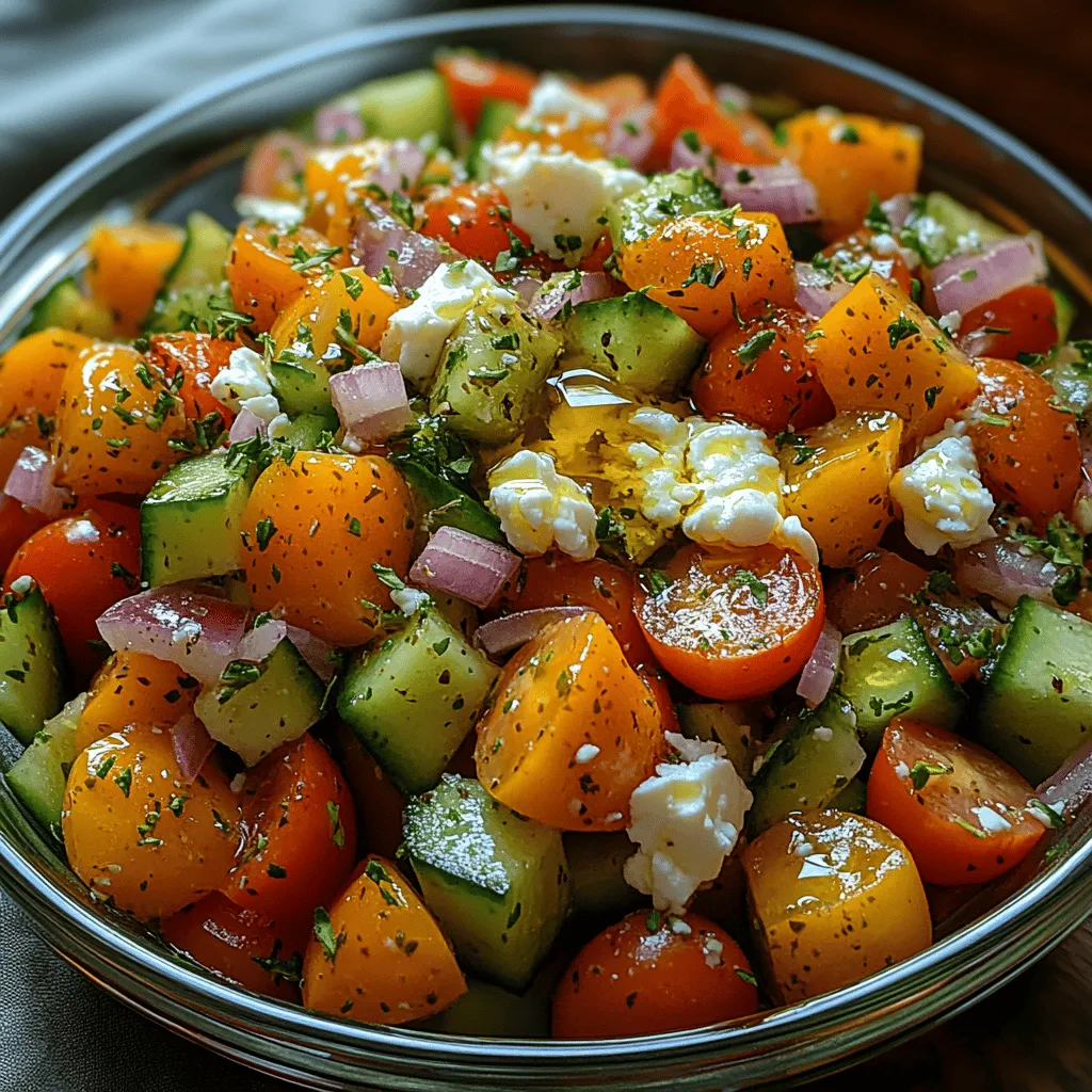 Der Frische Zitronen-Gurken-Feta-Salat ist nicht nur ein Fest für die Augen, sondern auch eine köstliche und gesunde Option für jede Mahlzeit. Mit seinen knackigen Gurken, saftigen Kirschtomaten und dem cremigen Feta-Käse bietet dieser Salat eine harmonische Mischung aus Aromen und Texturen. Die spritzige Frische der Zitrone kombiniert mit der milden Süße der Tomaten und dem salzigen Geschmack des Fetas macht diesen Salat zu einer ausgezeichneten Wahl für heiße Sommertage oder als leichte Beilage zu jedem Gericht.