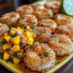 Tropischer Genuss – Kokosnuss-Garnelen mit Mangosalsa ist ein Gericht, das die Geschmäcker der Karibik auf den Teller bringt. Dieses köstliche Rezept verbindet die Aromen der tropischen Inseln mit einer kreativen Zubereitung, die sowohl optisch als auch geschmacklich begeistert. Die Garnelen werden in einer knusprigen, goldbraun frittierten Kokosnuss-Panade serviert, begleitet von einer frischen, fruchtigen Mangosalsa, die dem Gericht eine aufregende, süß-scharfe Note verleiht.