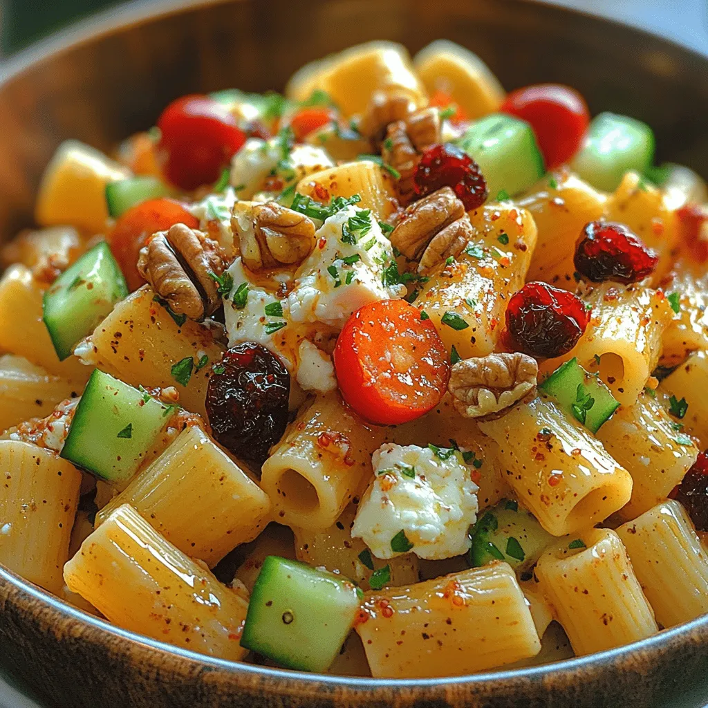 Die Basis dieses Salats sind hochwertige, gesunde Zutaten, die nicht nur köstlich sind, sondern auch viele gesundheitliche Vorteile bieten. Rigatoni-Pasta ist eine großartige Kohlenhydratquelle und liefert die notwendige Energie, während Feta-Käse eine gute Quelle für Eiweiß und Kalzium darstellt. Die getrockneten Cranberries bringen nicht nur eine süße Note ins Spiel, sondern sind auch reich an Antioxidantien, die das Immunsystem unterstützen und Entzündungen im Körper reduzieren können. Die frischen Gemüsezutaten wie Gurke, Kirschtomaten und rote Zwiebeln sorgen für zusätzliche Vitamine und Mineralstoffe, während die Walnüsse gesunde Fette liefern, die gut für das Herz sind.