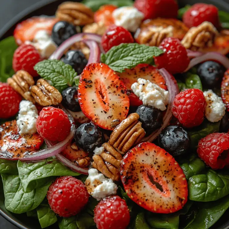Der Beerenzauber mit Spinat ist nicht nur ein visuelles Fest, sondern auch eine wahre Geschmacksexplosion. Diese erfrischende und gesunde Salatkreation vereint die süßen Aromen von frischen Beeren mit der nussigen Note von Ziegenkäse und dem knackigen Biss von Pekannüssen. Ideal für warme Sommertage oder als leichte Beilage zu jeder Mahlzeit, bietet dieser Salat eine perfekte Kombination aus Nährstoffen und Geschmack. Die Kombination aus süßen und herzhaften Elementen macht diesen Salat zu einem Highlight auf jedem Tisch, sei es bei einem sommerlichen Grillfest oder als Teil eines gesunden Mittagessens.