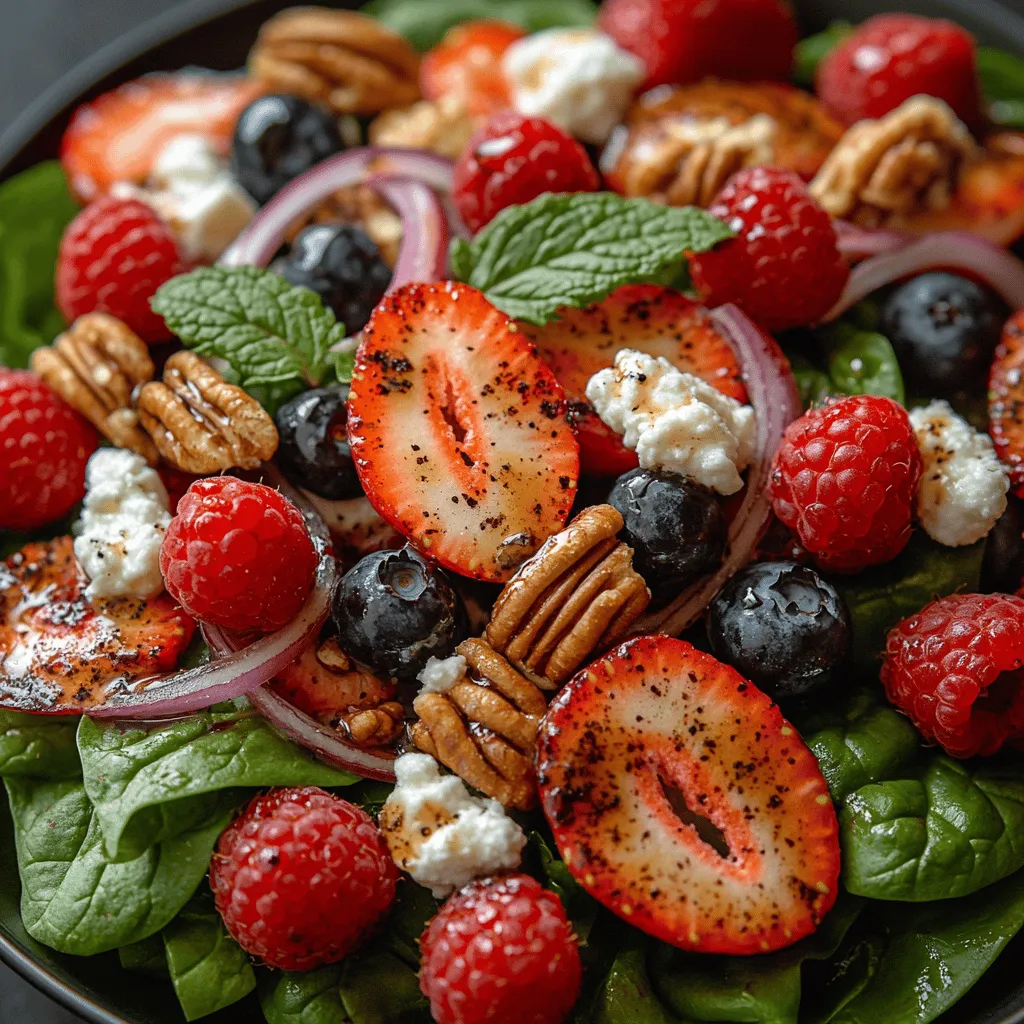 Der Beerenzauber mit Spinat ist nicht nur ein visuelles Fest, sondern auch eine wahre Geschmacksexplosion. Diese erfrischende und gesunde Salatkreation vereint die süßen Aromen von frischen Beeren mit der nussigen Note von Ziegenkäse und dem knackigen Biss von Pekannüssen. Ideal für warme Sommertage oder als leichte Beilage zu jeder Mahlzeit, bietet dieser Salat eine perfekte Kombination aus Nährstoffen und Geschmack. Die Kombination aus süßen und herzhaften Elementen macht diesen Salat zu einem Highlight auf jedem Tisch, sei es bei einem sommerlichen Grillfest oder als Teil eines gesunden Mittagessens.
