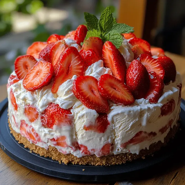 In der warmen Jahreszeit gibt es nichts Besseres als einen köstlichen und erfrischenden Kuchen, der sowohl das Auge als auch den Gaumen erfreut. Der Erdbeer-Rausch-Eiscreme-Kuchen ist ein perfektes Beispiel für ein solches Dessert – leicht, fruchtig und einfach zuzubereiten. Dieses Rezept kombiniert die süße Frische von Erdbeeren mit der Cremigkeit von Eiscreme und der Knusprigkeit einer Graham-Cracker-Kruste. Egal, ob Sie ihn für eine Gartenparty, einen Geburtstag oder einfach nur als süßen Genuss an einem warmen Sommertag zubereiten, dieser Kuchen wird garantiert ein Hit sein.