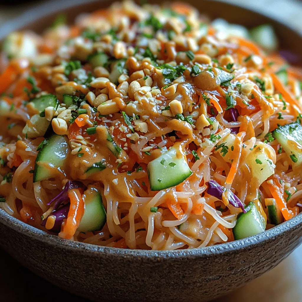 Reisnudeln sind das Herzstück dieses Gerichts. Sie sind leicht, glutenfrei und nehmen die Aromen der anderen Zutaten hervorragend auf. In der asiatischen Küche sind Reisnudeln sehr beliebt, da sie schnell zubereitet werden können und eine zarte Textur bieten. Für dieses Rezept benötigen wir etwa 225 g Reisnudeln, die wir je nach Verpackungsanweisung zubereiten. Es ist wichtig, die Nudeln al dente zu kochen, damit sie beim Mischen mit dem Gemüse und der Erdnusssoße nicht zu weich werden.