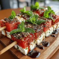 In der heißen Jahreszeit gibt es nichts Erfrischenderes als leichte, fruchtige Snacks, die den Gaumen erfreuen und den Durst stillen. Die Erfrischenden Wassermelonen-Feta-Spieße sind nicht nur ein Genuss für den Geschmackssinn, sondern auch ein echter Hingucker auf jedem Tisch. Dieses Rezept vereint die süße Saftigkeit der Wassermelone mit dem salzigen, cremigen Geschmack des Feta-Käses und wird durch frische Minze und eine süß-säuerliche Balsamico-Glasur perfekt abgerundet. Diese Kombination ist nicht nur köstlich, sondern auch gesund und nährstoffreich.