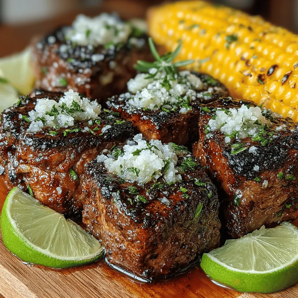 Willkommen in der Welt der köstlichen und herzhaften Gerichte! Das heutige Rezept für "Sizzlende Knoblauchbutter-Steakbissen mit Süßen Maiskolben" ist eine wahre Gaumenfreude, die sowohl Steakliebhaber als auch Gemüsefreunde begeistern wird. Diese Kombination aus zarten Rinderfiletwürfeln, die in einer aromatischen Knoblauchbutter gebraten werden, und süßen, saftigen Maiskolben ist perfekt für besondere Anlässe oder einfach für ein genussvolles Abendessen zu Hause.