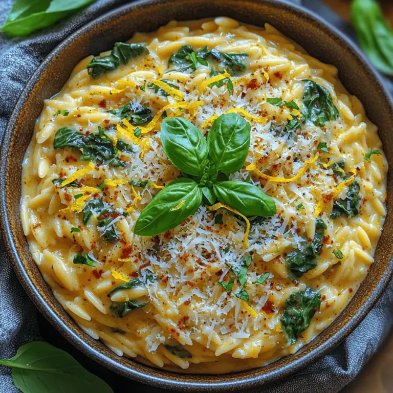 Willkommen in der Welt der aromatischen und unkomplizierten Küche! Heute präsentiere ich Ihnen ein köstliches Rezept für Zesty Creamy Lemon Orzo mit Spinat. Dieses Gericht vereint die zarten Aromen von frischem Spinat, spritziger Zitrone und einer cremigen Sauce, die Ihre Geschmacksnerven erfreuen wird. Orzo, die italienische Reis-Pasta, sorgt für eine angenehme Textur und macht dieses Gericht zu einer perfekten Wahl für ein leichtes Mittagessen oder ein gehobenes Abendessen.