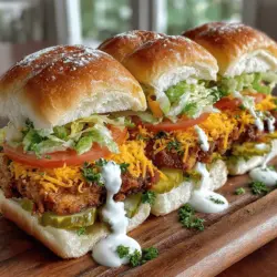 Die Crispy Cheddar Ranch Chicken Sliders sind nicht nur ein Gaumenschmaus, sondern auch ein wahrer Publikumsliebling bei Partys, Grillfesten und Familienfeiern. Diese kleinen Burger sind mit knusprigem Hähnchen, würzigem Ranch-Dressing und geschmolzenem Cheddar-Käse gefüllt – eine Kombination, die einfach unwiderstehlich ist. Die zarten und saftigen Hähnchenbrustfilets, die in einer knusprigen Panade gebraten werden, sorgen für den perfekten Crunch, während das frisch zubereitete Ranch-Dressing dem Gericht einen cremigen und würzigen Kick verleiht.