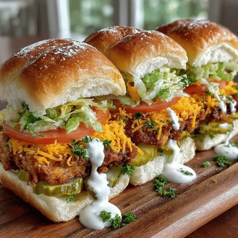Die Crispy Cheddar Ranch Chicken Sliders sind nicht nur ein Gaumenschmaus, sondern auch ein wahrer Publikumsliebling bei Partys, Grillfesten und Familienfeiern. Diese kleinen Burger sind mit knusprigem Hähnchen, würzigem Ranch-Dressing und geschmolzenem Cheddar-Käse gefüllt – eine Kombination, die einfach unwiderstehlich ist. Die zarten und saftigen Hähnchenbrustfilets, die in einer knusprigen Panade gebraten werden, sorgen für den perfekten Crunch, während das frisch zubereitete Ranch-Dressing dem Gericht einen cremigen und würzigen Kick verleiht.