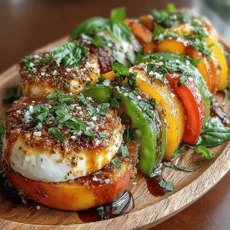 Der Peachy Caprese Delight ist eine kreative und erfrischende Variante des klassischen Caprese-Salats, der traditionell aus Tomaten, Mozzarella und Basilikum besteht. Diese neue Interpretation kombiniert die saftige Süße von reifen Pfirsichen mit dem milden Geschmack von frischem Mozzarella und dem aromatischen Duft von Basilikum. Der Kontrast zwischen süß und salzig, gepaart mit der cremigen Textur des Käse, macht diesen Salat zu einem perfekten Gericht für warme Sommertage. Ob als Vorspeise, Beilage oder leichtes Hauptgericht – dieser Salat wird Ihre Gäste begeistern und ist ideal für Grillabende oder Picknicks im Freien.