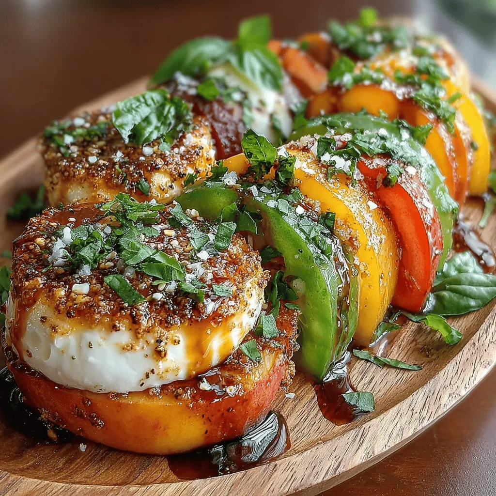 Der Peachy Caprese Delight ist eine kreative und erfrischende Variante des klassischen Caprese-Salats, der traditionell aus Tomaten, Mozzarella und Basilikum besteht. Diese neue Interpretation kombiniert die saftige Süße von reifen Pfirsichen mit dem milden Geschmack von frischem Mozzarella und dem aromatischen Duft von Basilikum. Der Kontrast zwischen süß und salzig, gepaart mit der cremigen Textur des Käse, macht diesen Salat zu einem perfekten Gericht für warme Sommertage. Ob als Vorspeise, Beilage oder leichtes Hauptgericht – dieser Salat wird Ihre Gäste begeistern und ist ideal für Grillabende oder Picknicks im Freien.