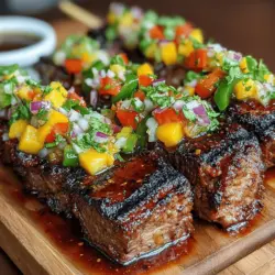 Sizzling Beef Skewers sind nicht nur ein Fest für den Gaumen, sondern auch ein Highlight jeder Grillparty. Diese köstlichen Spieße kombinieren die zarten Aromen von mariniertem Flankensteak mit der erfrischenden Süße einer selbstgemachten Pfirsichsalsa, die jedem Biss eine fruchtige Note verleiht. Die Ursprünge dieses Gerichts sind in der Grilltradition vieler Kulturen verankert, und es ist besonders beliebt in der asiatischen und amerikanischen Küche. Die Kombination von herzhaftem Fleisch und frischen Zutaten macht diese Skewers zu einer hervorragenden Wahl für gesellige Zusammenkünfte oder ein entspanntes Abendessen im Freien.