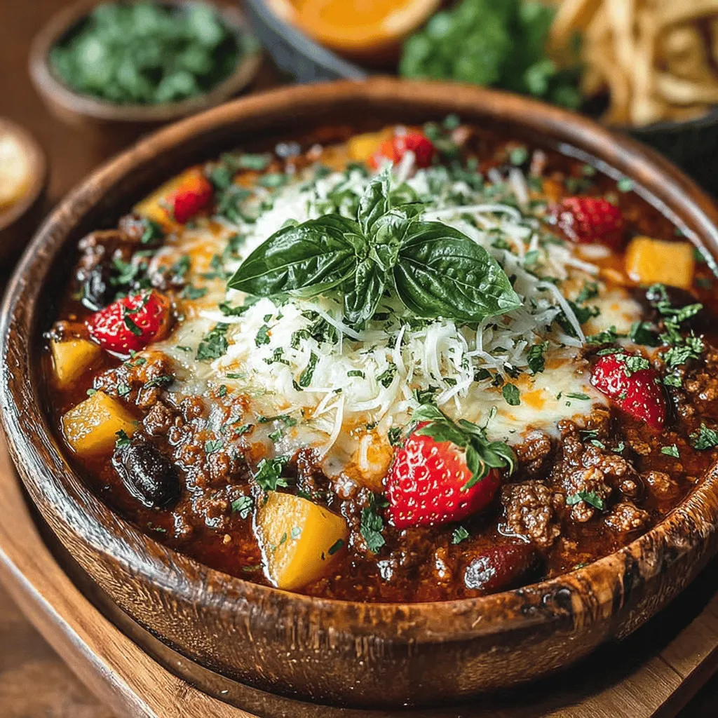 Die Fruchtige Fiesta Pizza Chili ist eine aufregende und köstliche Kombination aus herzhaftem Chili und fruchtigen Aromen, die perfekt für gesellige Abende oder als herzhaftes Familienessen geeignet ist. Dieses Gericht vereint die Würze von Chili mit einer unerwarteten fruchtigen Note, die für eine erfrischende Abwechslung sorgt. Mit einer Kombination aus Rinder- oder Putenhackfleisch, verschiedenen Bohnen und einer bunten Mischung gefrorener Früchte, ist dieses Rezept nicht nur einfach zuzubereiten, sondern auch vollgepackt mit Nährstoffen und Geschmack.